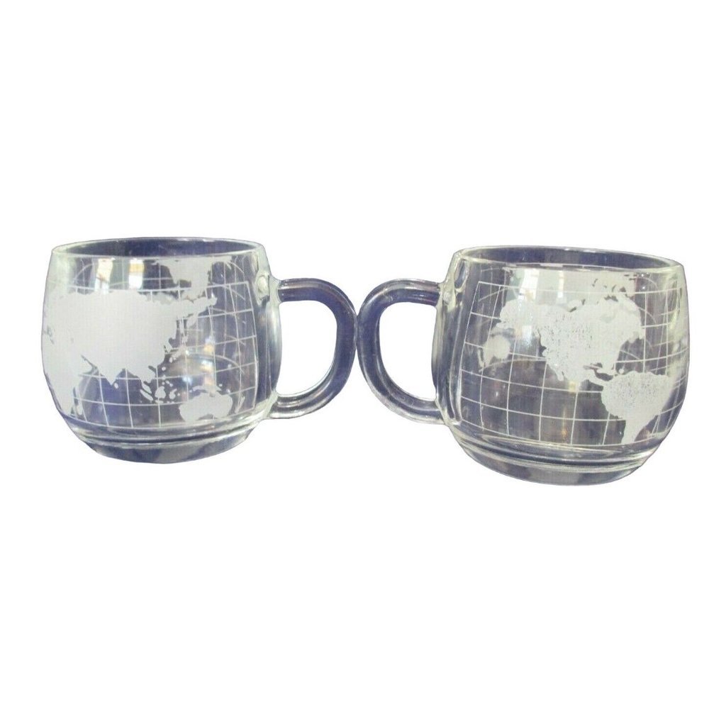 Vintage 1970's Nescafe Nestle Taste the World Etched Globe Mugs A Set of Two GUC - Picture 3 of 12